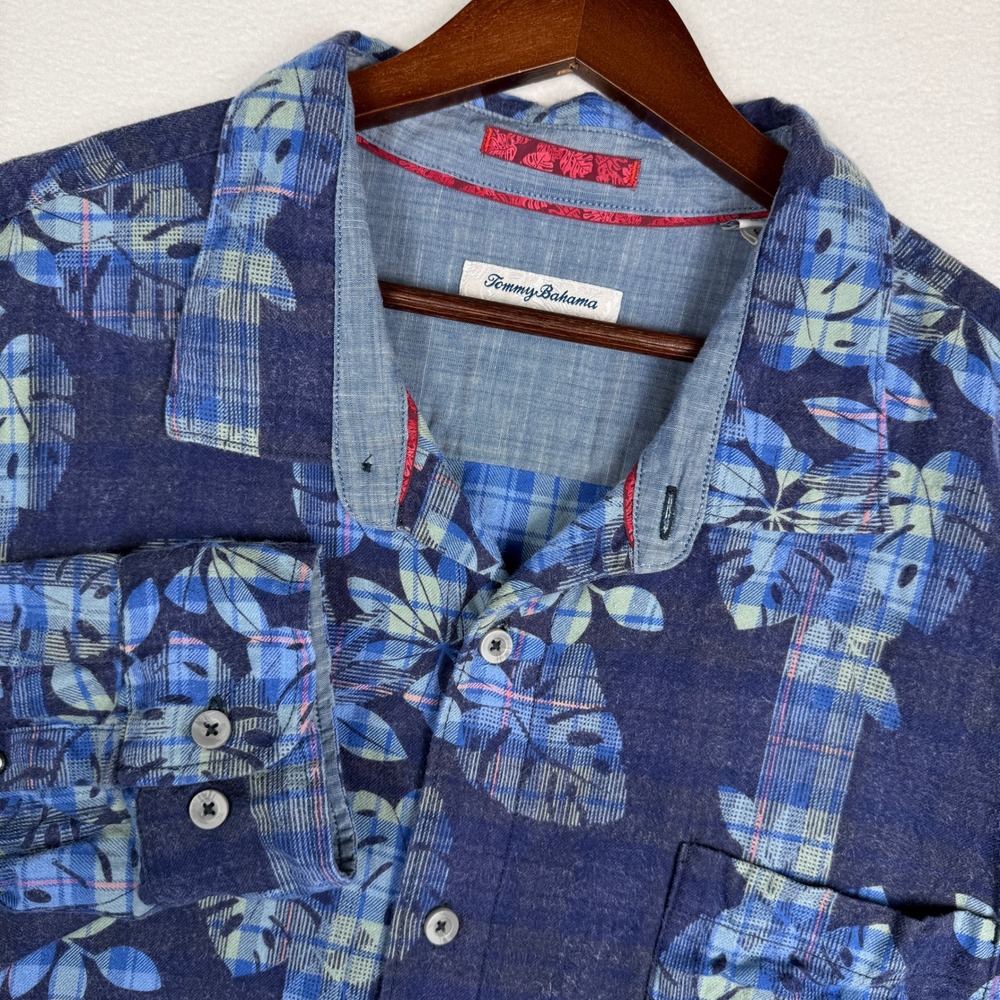Tommy Bahama Mens 3XLB Blue Floral Plaid AOP Flannel Long Sleeve Button Shirt